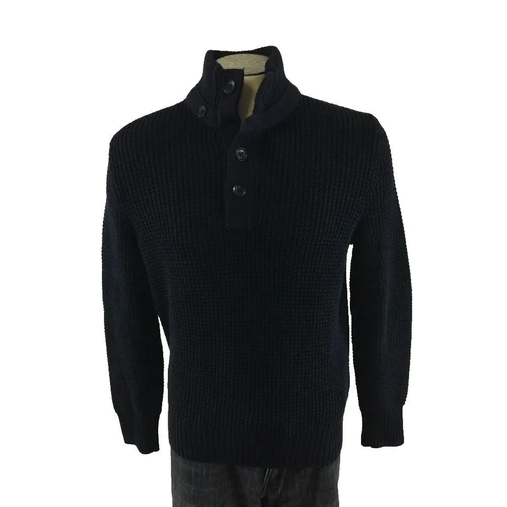 Banana Republic Mockneck Button Sweater L Large Blue Cotton‎ Ribbed Mens